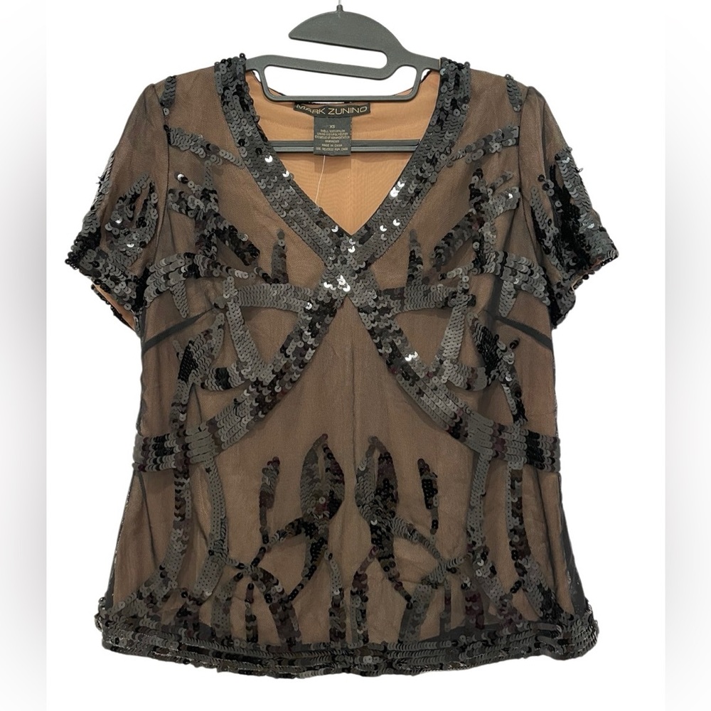 NWT Mark Zunino Black Mesh Sequin Blouse • Size XS